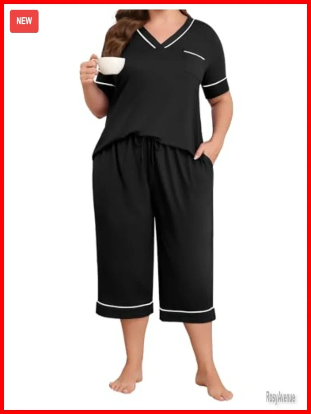 Plus Size Pajama Set 2 Piece V Neck Short Sleeve Capri Pants Loungewear with